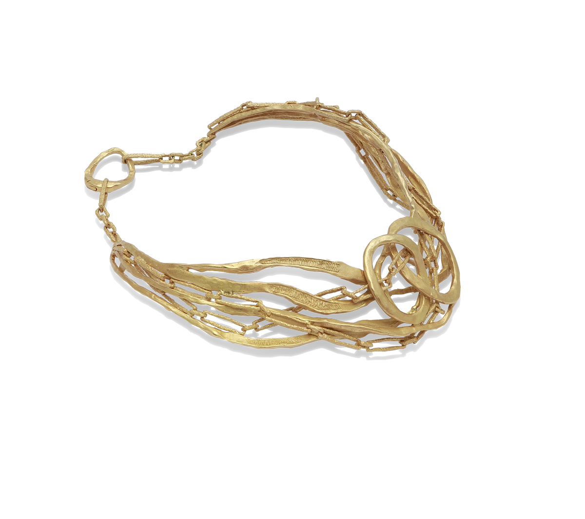 Girocollo Flutto in bronzo della collezione Intrecci di Tiziana Piola, struttura rigida con logo centrale e ciondolo con pietra dura
