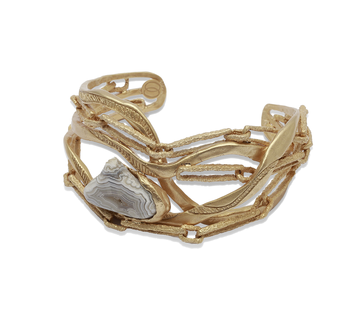 Onda — bracciale manchette Tiziana Piola con agata bianca screziata, collezione Intrecci