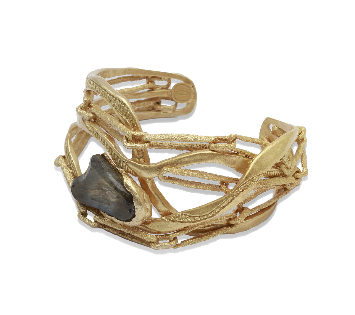 Onda — bracciale manchette Tiziana Piola con labradorite grigio-blu, collezione Intrecci
