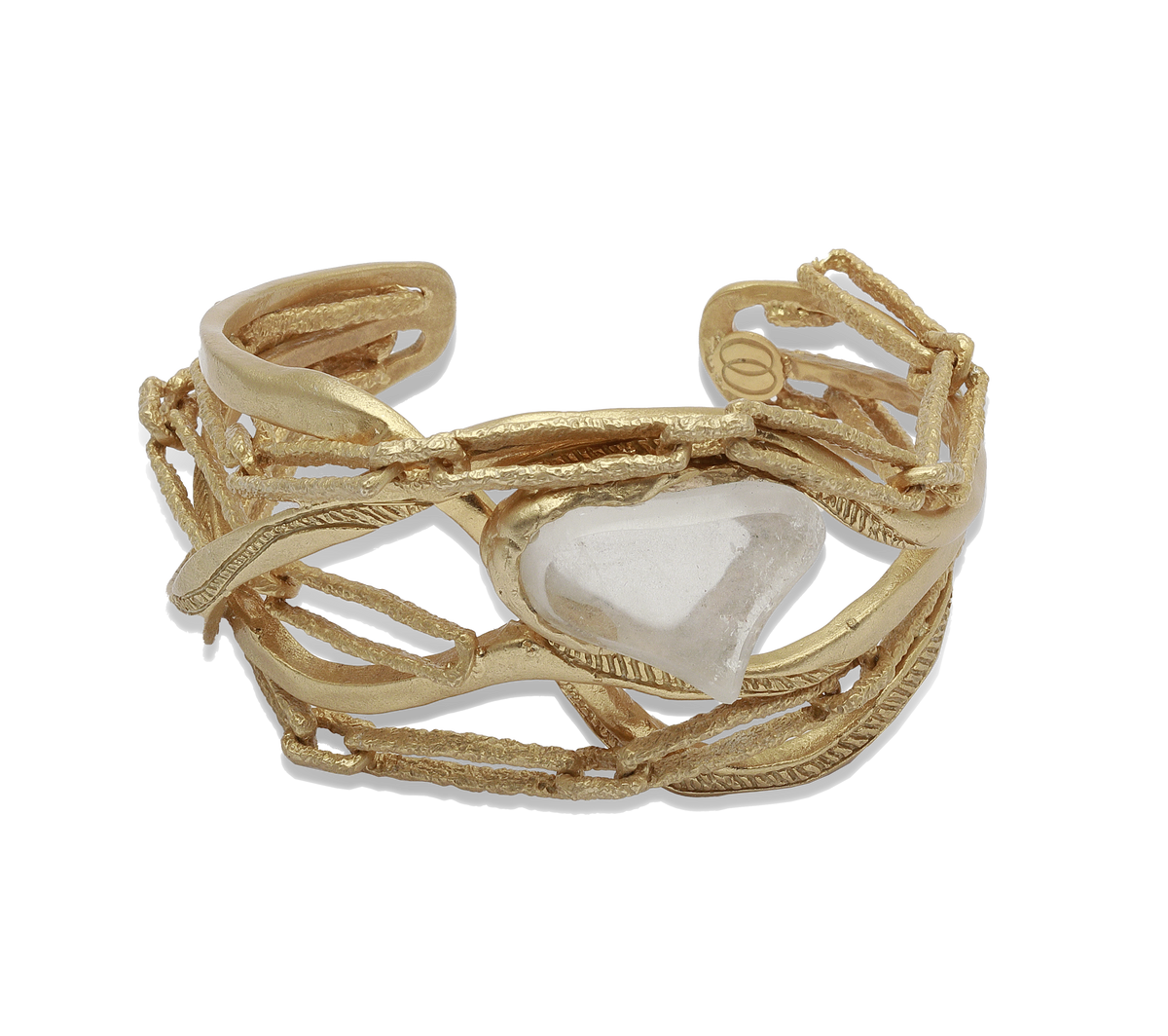 Onda — bracciale manchette Tiziana Piola con quarzo bianco, collezione Intrecci