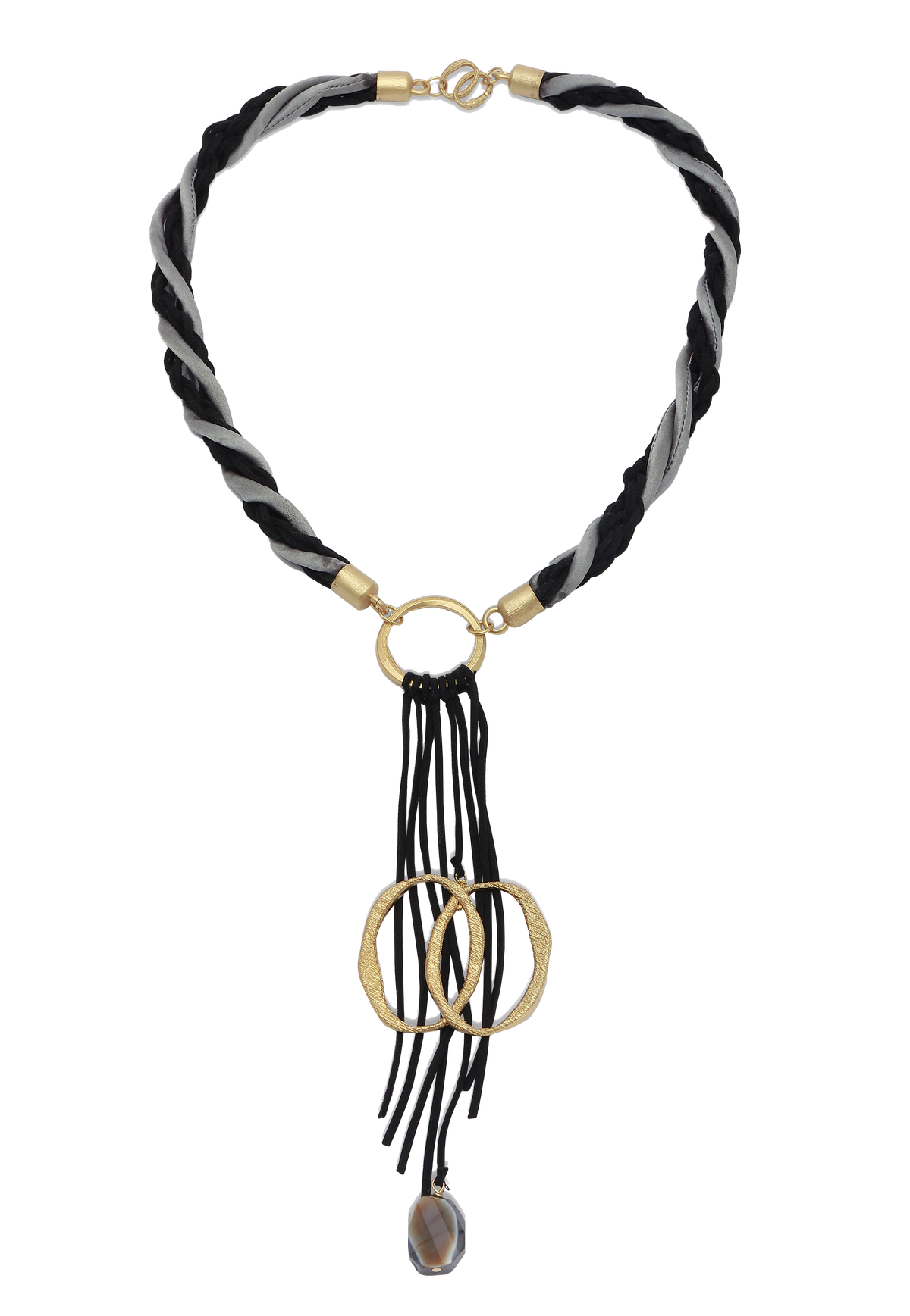 Totem — collana Tiziana Piola con cordino intrecciato nero e grigio, frange in camoscio e pietra sfaccettata, collezione Identity