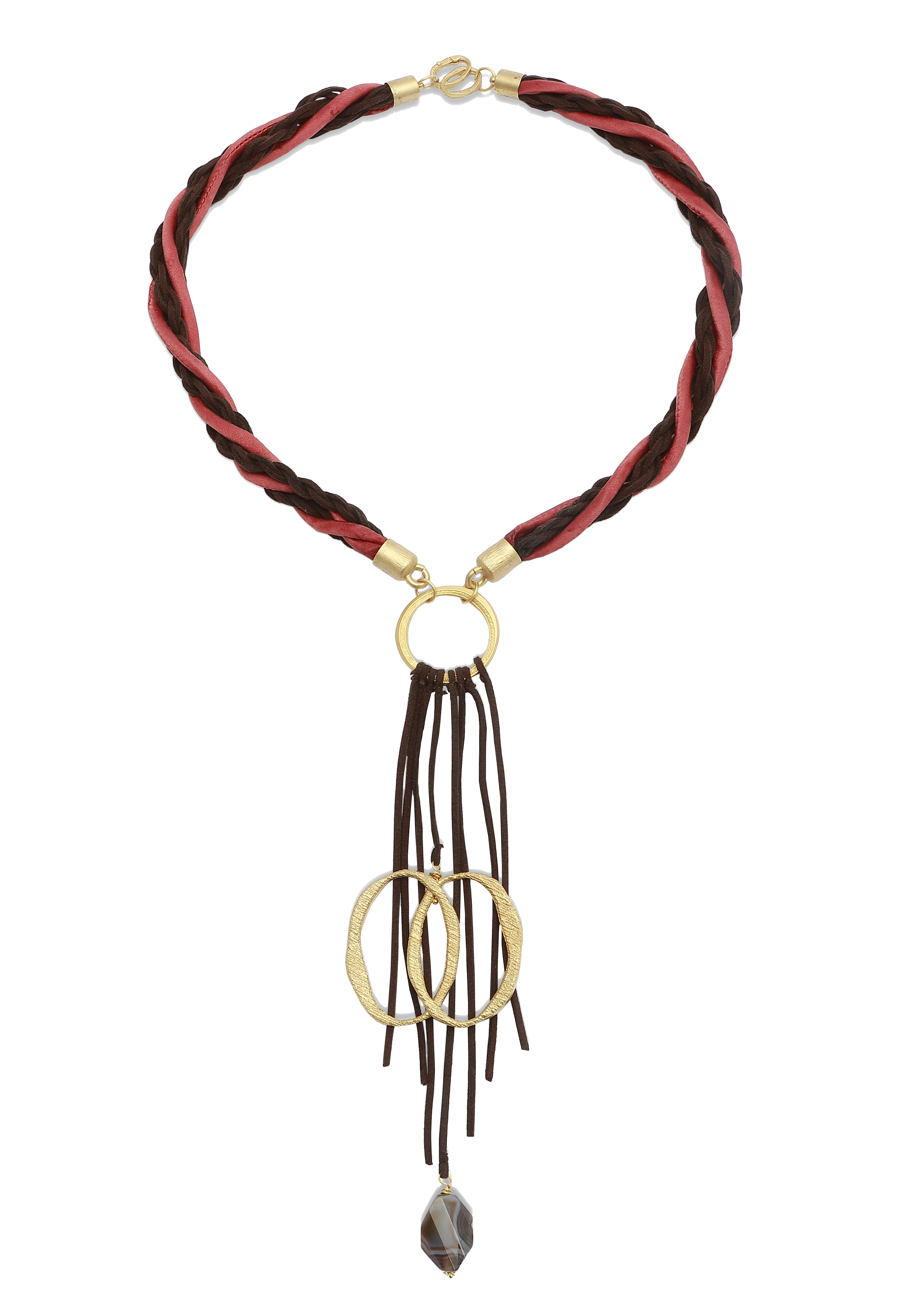 Totem — collana Tiziana Piola con cordino intrecciato rosso e marrone, frange in camoscio e pietra sfaccettata, collezione Identity