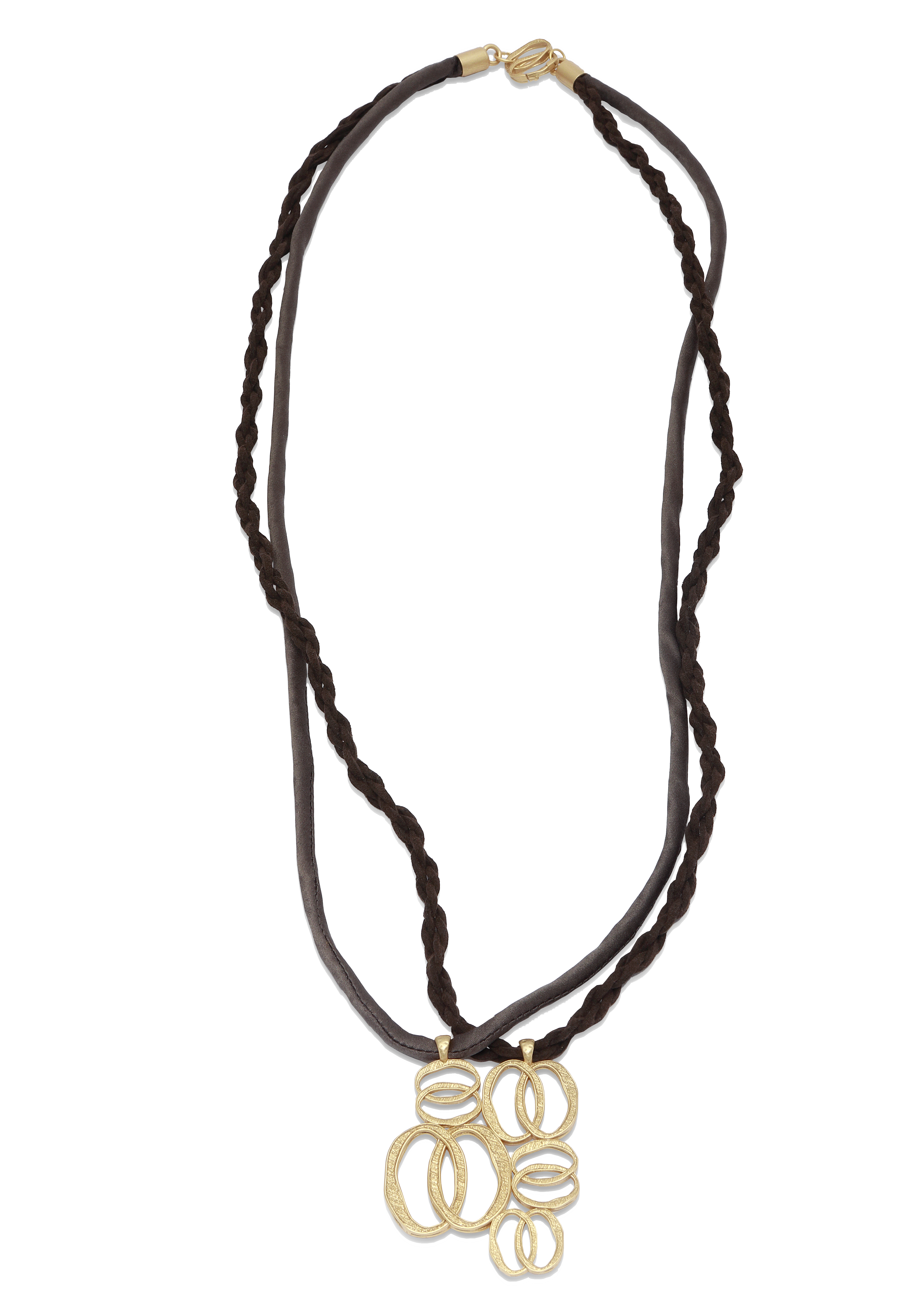 Sinfonia — collana lunga Tiziana Piola in cordino di camoscio con pendente ad anelli ovali dorati, collezione Identity