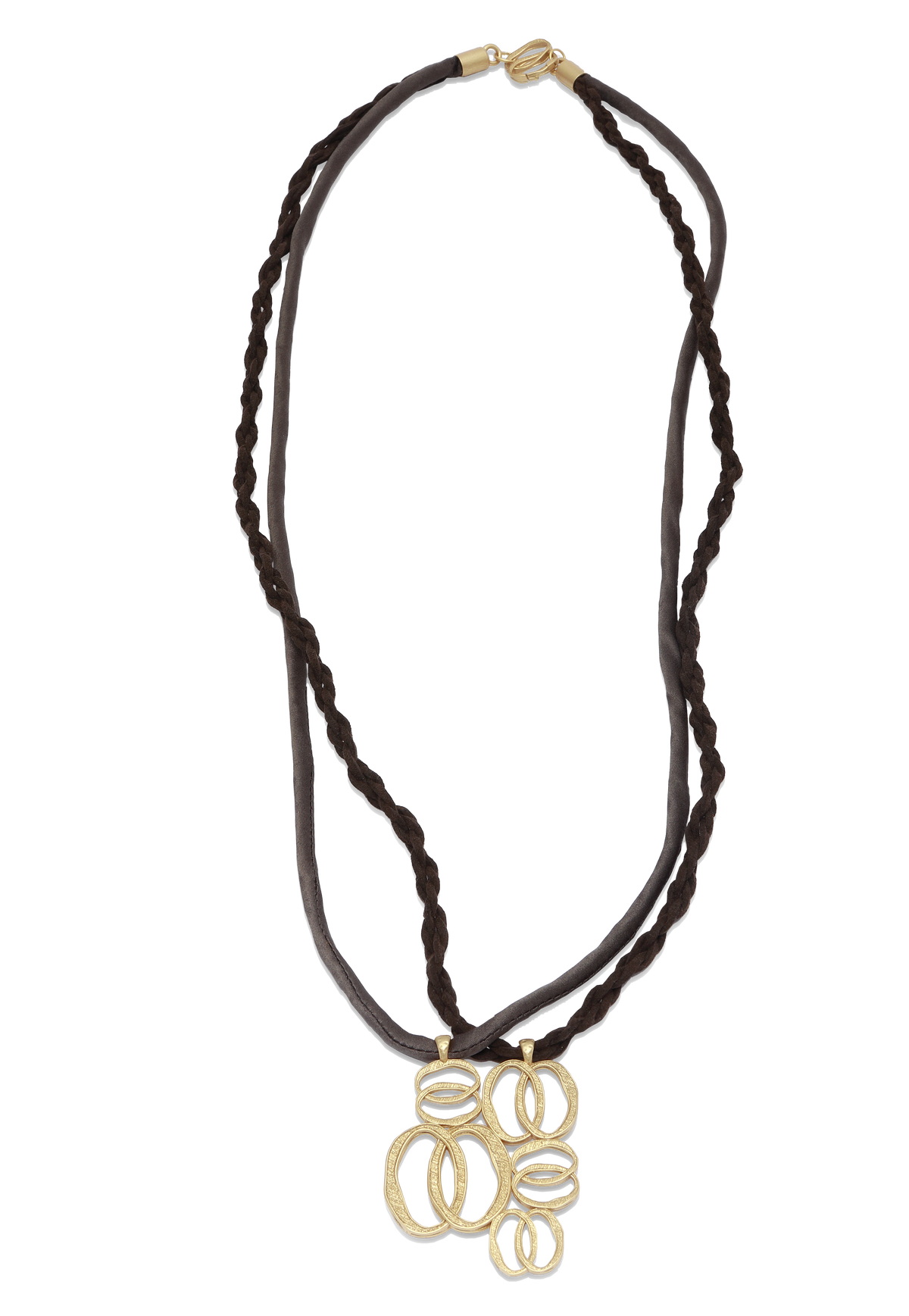 Sinfonia — collana lunga Tiziana Piola in cordino di camoscio con pendente ad anelli ovali dorati, collezione Identity