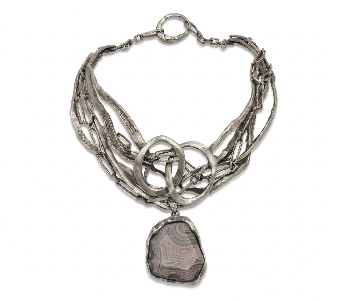 Girocollo Flutto in argento 925 invecchiato con Agata Botswana, collezione Intrecci di Tiziana Piola