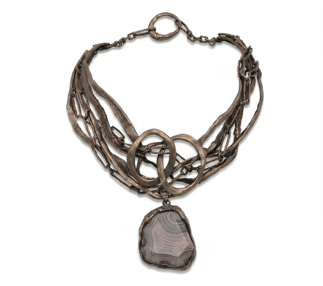 Girocollo Flutto in bronzo naturale con Agata Botswana, collezione Intrecci di Tiziana Piola