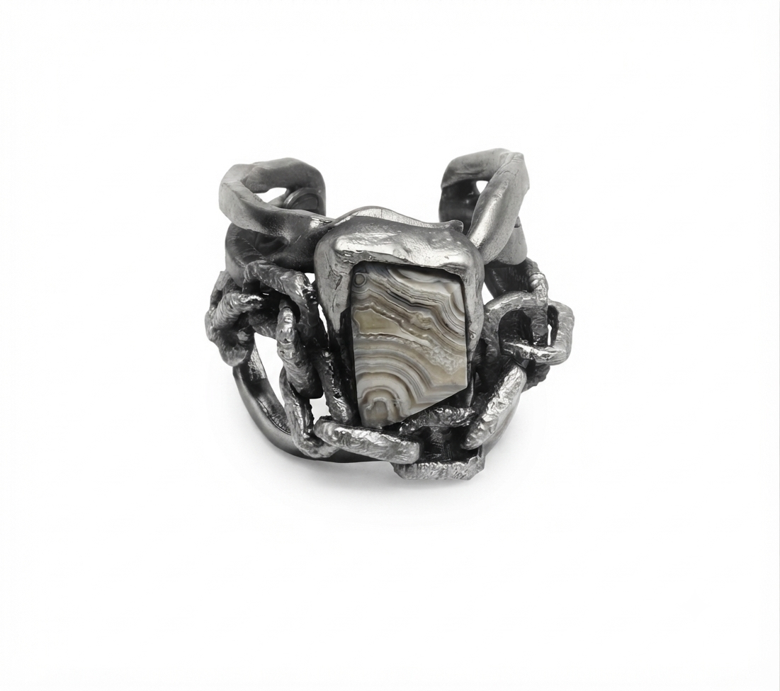 Anello Goccia in argento 925 invecchiato con Agata Botswana, collezione Intrecci di Tiziana Piola