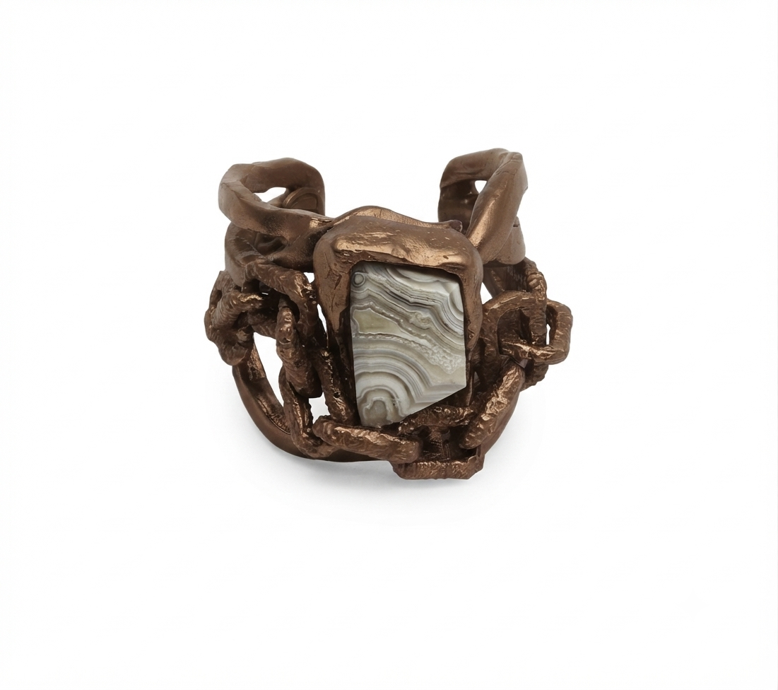Anello Goccia in bronzo naturale con Agata Botswana, collezione Intrecci di Tiziana Piola