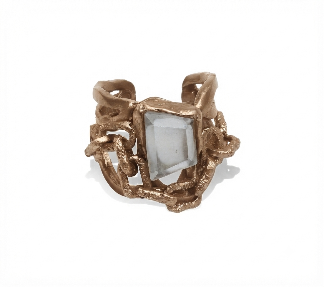 Anello Goccia in bronzo naturale con Cristallo di Rocca, collezione Intrecci di Tiziana Piola