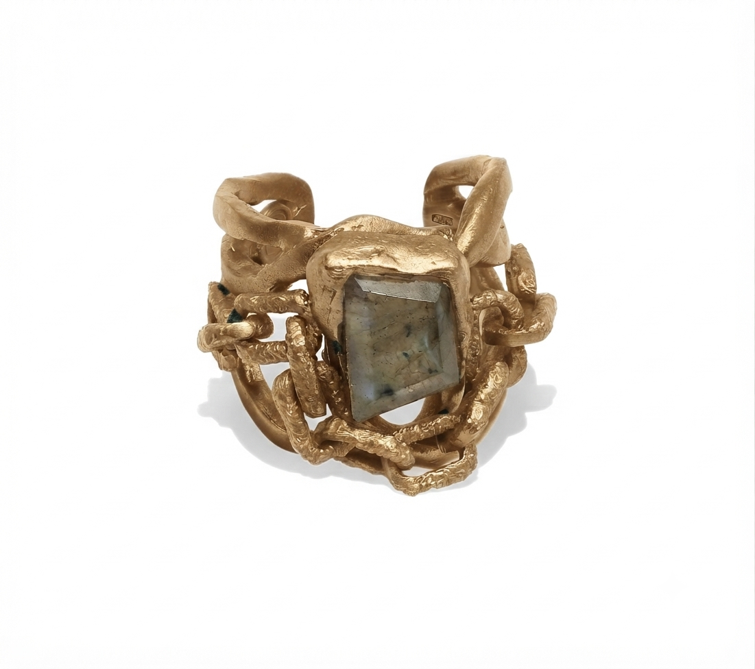 Anello Goccia in bronzo naturale con Labradorite, collezione Intrecci di Tiziana Piola