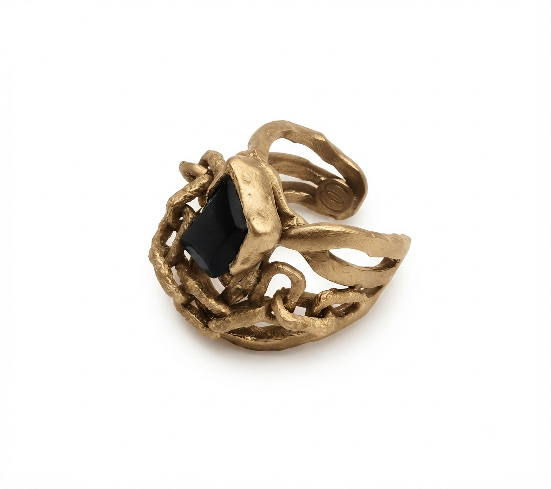 Anello Goccia in bronzo naturale con Ossidiana, collezione Intrecci di Tiziana Piola