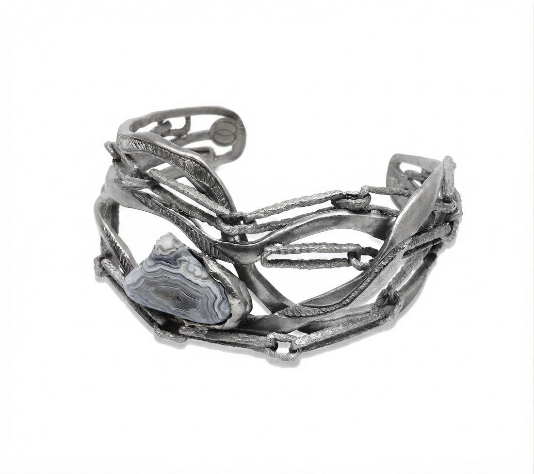 Bracciale Onda in argento 925 invecchiato con Agata Botswana, collezione Intrecci di Tiziana Piola