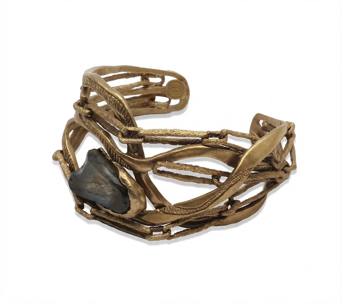 Bracciale Onda in bronzo naturale con Labradorite, collezione Intrecci di Tiziana Piola