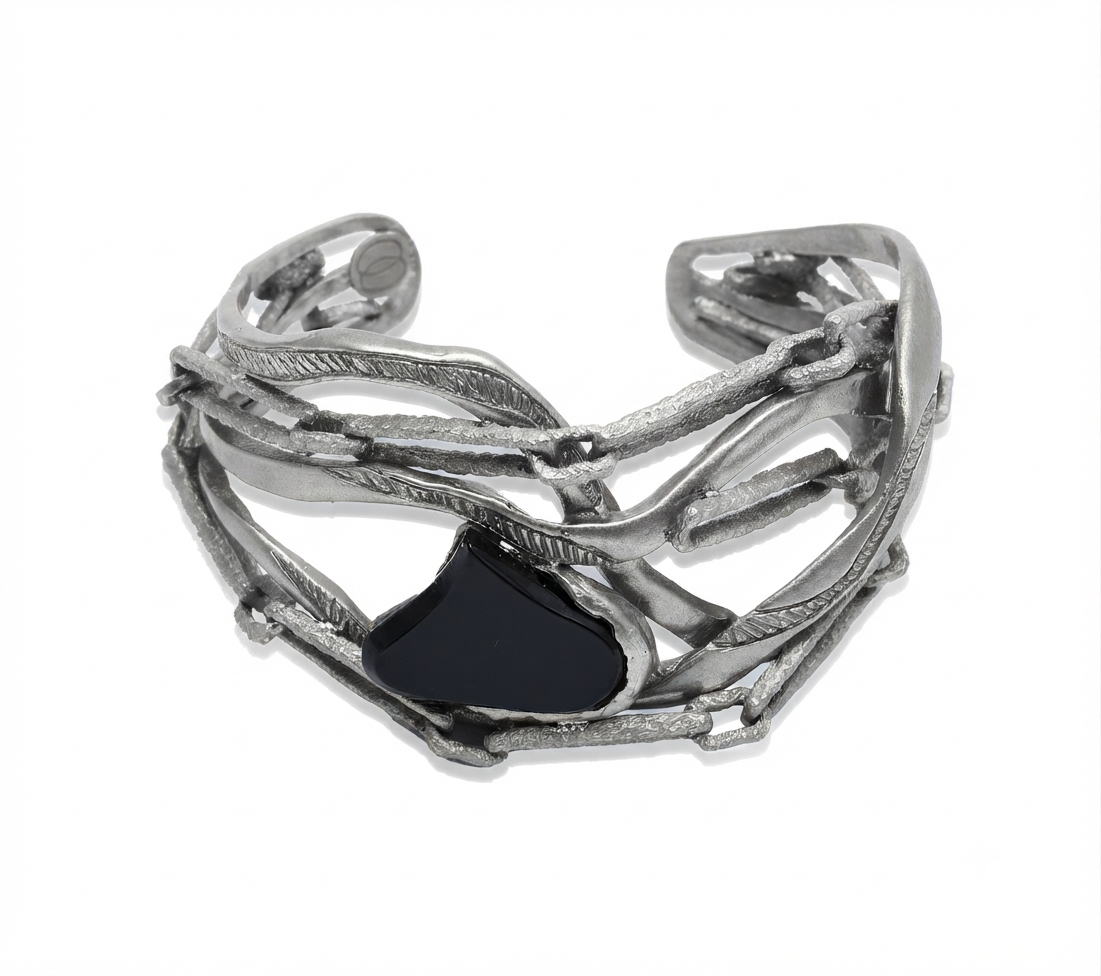 Bracciale Onda in argento 925 invecchiato con Ossidiana, collezione Intrecci di Tiziana Piola