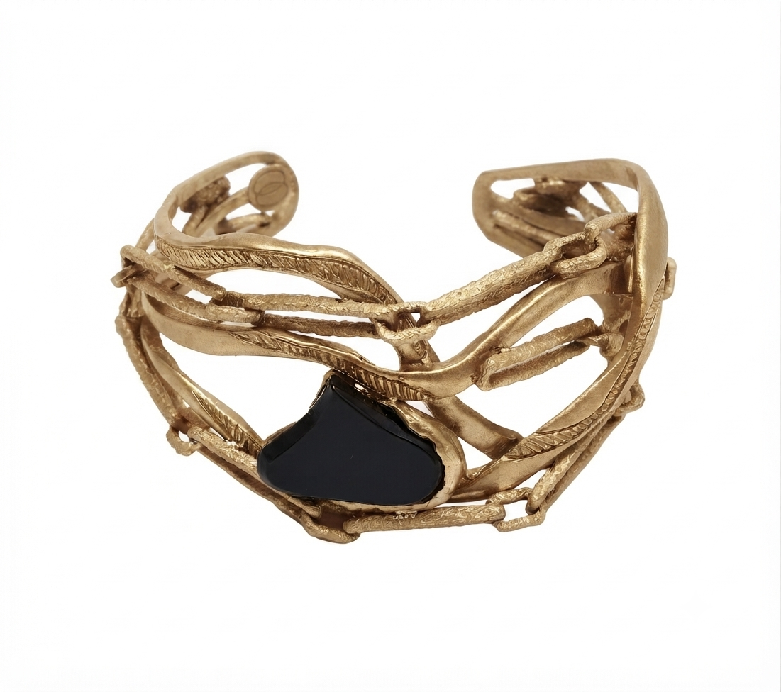 Bracciale Onda in bronzo naturale con Ossidiana, collezione Intrecci di Tiziana Piola