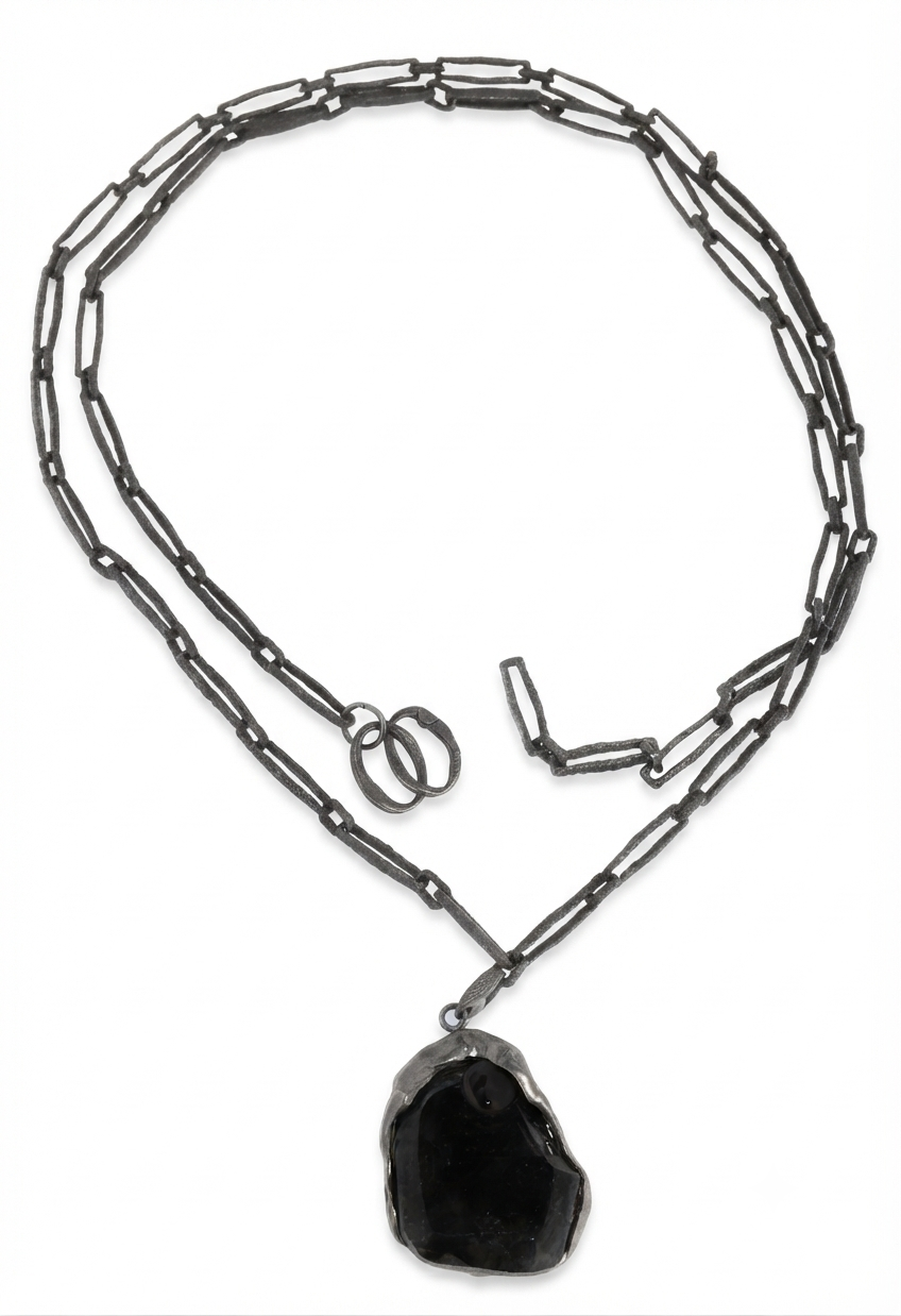 Collana Orizzonte in argento 925 invecchiato con Ossidiana, collezione Intrecci di Tiziana Piola