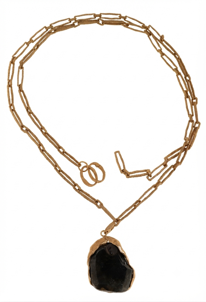 Collana Orizzonte in bronzo naturale con Ossidiana, collezione Intrecci di Tiziana Piola