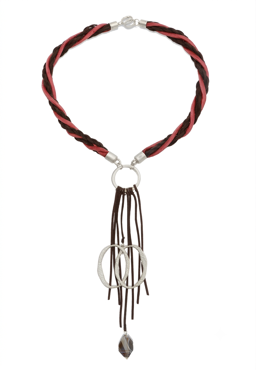 Collana Totem in argento 925 con cordino intrecciato arancio e marrone, collezione Identity di Tiziana Piola